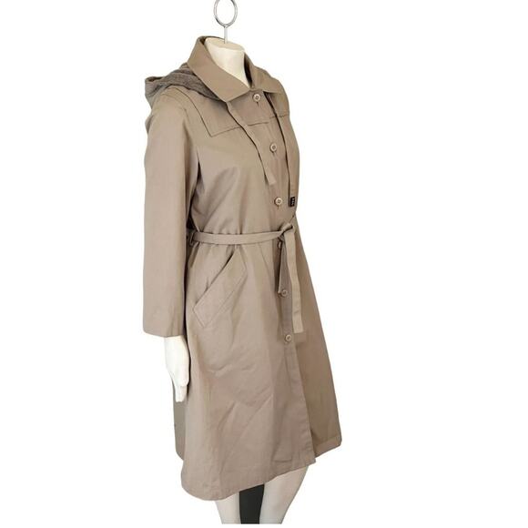 VTG LONDON FOG Faux Fur Lined Belted Hooded Trench Coat in Khaki SZ 10P - Picture 4 of 13